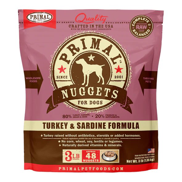 Primal Raw Frozen Dog Food Nuggets Turkey & Sardine Formula