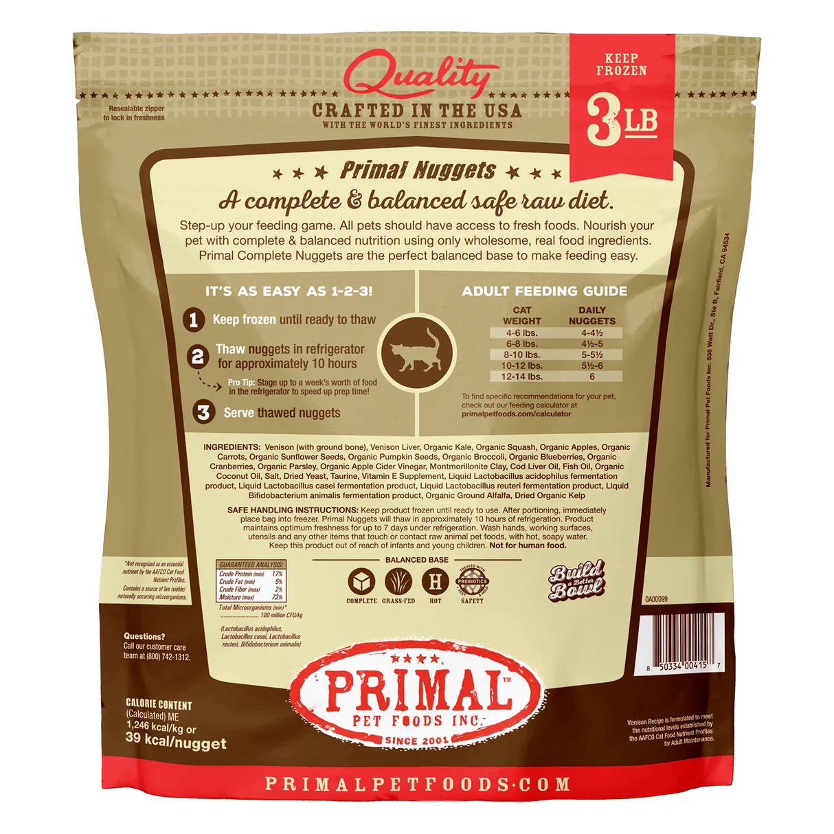 Primal Raw Frozen Cat Food Nuggets Venison Formula