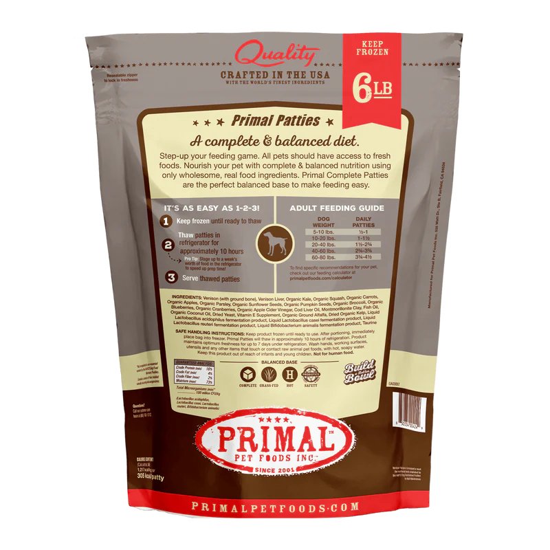 Primal Raw Frozen Dog Food Patties Venison Formula