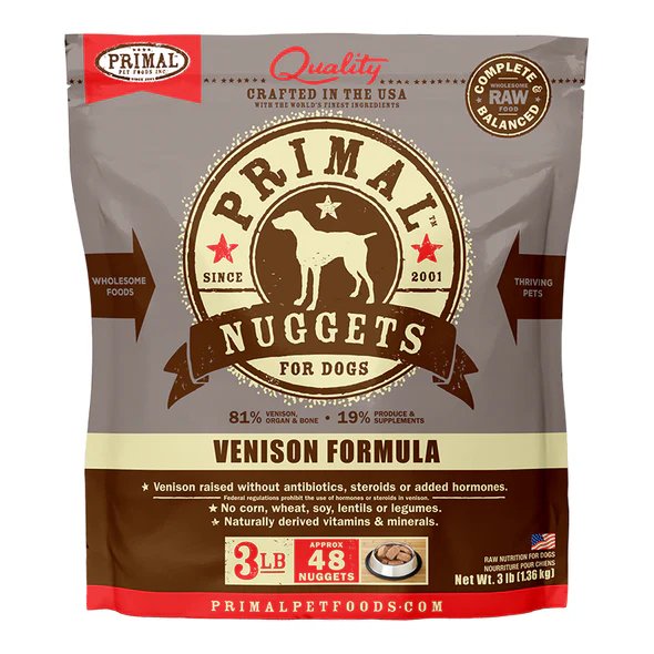 Primal Raw Frozen Dog Food Nuggets Venison Formula