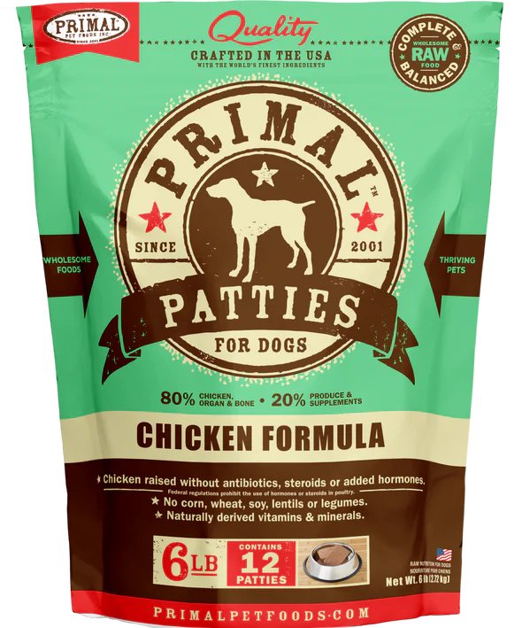 Primal Raw Frozen Dog Food Patties Chicken Formula