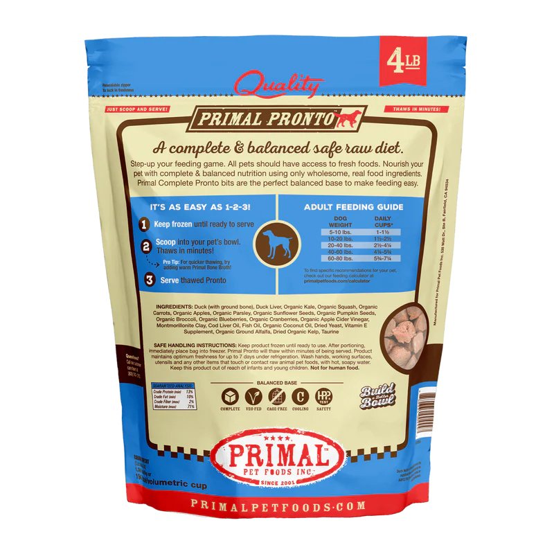 Primal Raw Frozen Dog Food Pronto Duck Formula