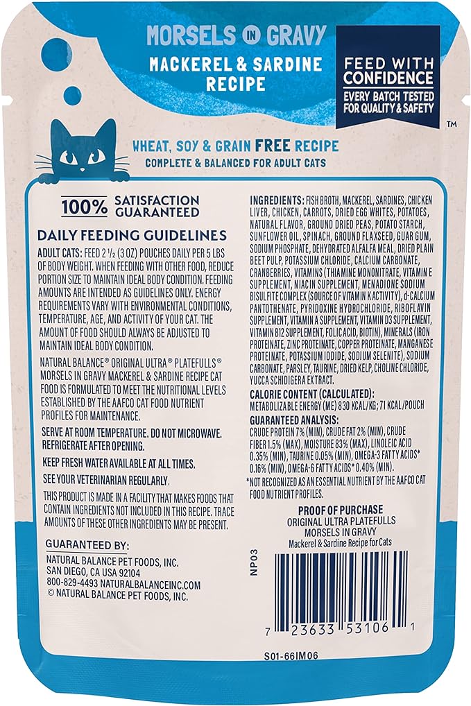 Natural Balance Wet Cat Food Pouch Original Ultra Platefulls Morsels in Gravy Mackerel &amp; Sardine Recipe