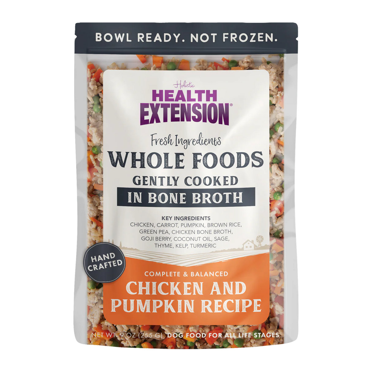 Health Extension Cooked Shelf Stable Dog Food Whole Foods in Bone Broth Chicken & Pumpkin Recipe