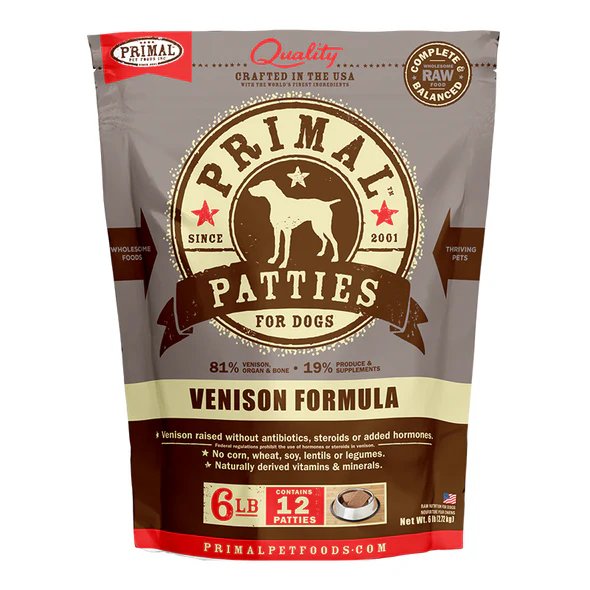 Primal Raw Frozen Dog Food Patties Venison Formula