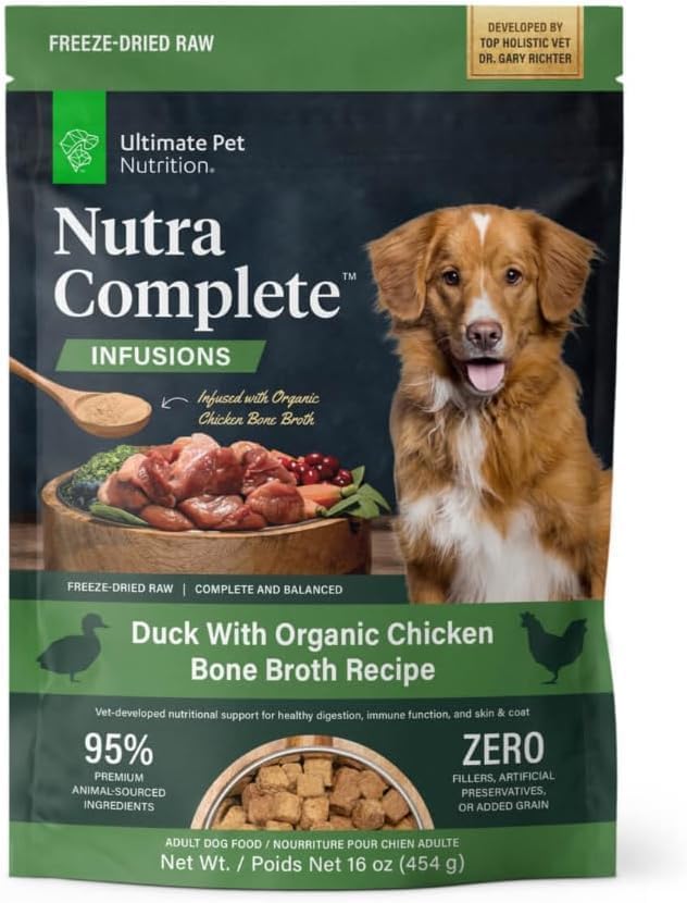 Ultimate Pet Nutrition Freeze-Dried Dog Food Nutra Complete Infusions Duck with Organic Chicken Bone Broth Recipe