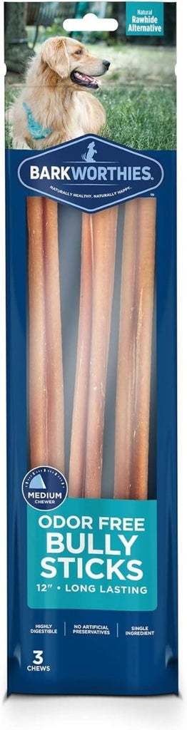 Barkworthies Dog Treat 12" Odor Free Bully Sticks (3 Pack)