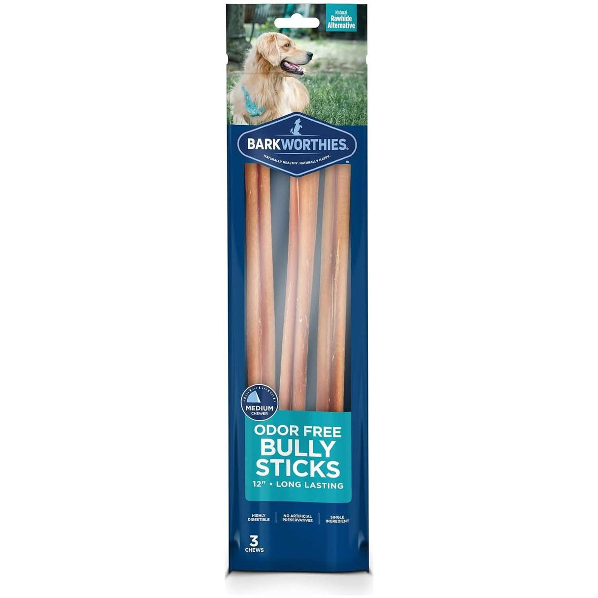 Barkworthies Dog Treat 12" Odor Free Bully Sticks (3 Pack)