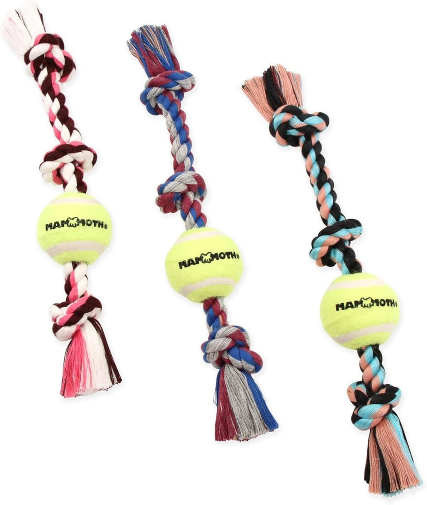 Mammoth Dog Toy Flossy Chews 3 Knot Tug Rope with Tennis Ball - Assorted Colors and Sizes