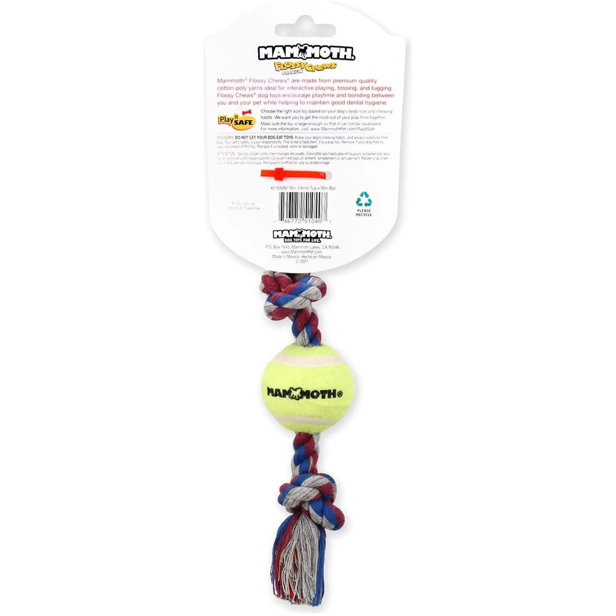 Mammoth Dog Toy Flossy Chews 3 Knot Tug Rope with Tennis Ball - Assorted Colors and Sizes