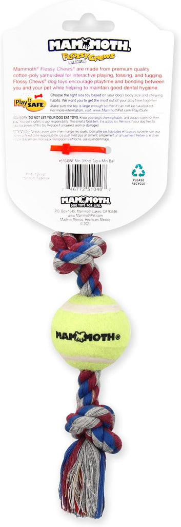 Mammoth Dog Toy Flossy Chews 3 Knot Tug Rope with Tennis Ball - Assorted Colors and Sizes