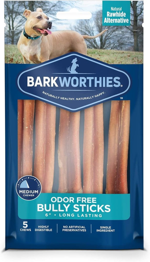 Barkworthies Dog Treat 6" Odor Free Bully Sticks (5 Pack)