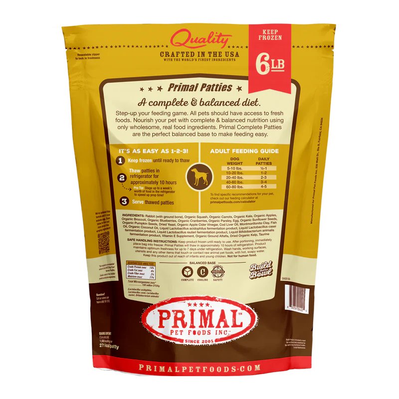 Primal Raw Frozen Dog Food Patties Rabbit Formula