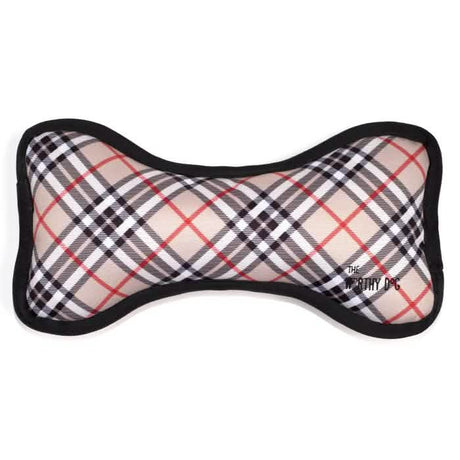 The Worthy Dog Dog Toy Bias Plaid Bone - Tan