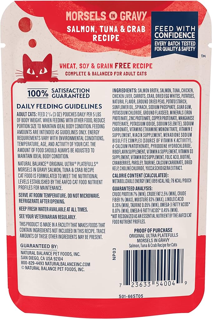 Natural Balance Wet Cat Food Pouch Original Ultra Platefulls Morsels in Gravy Salmon, Tuna & Crab Recipe