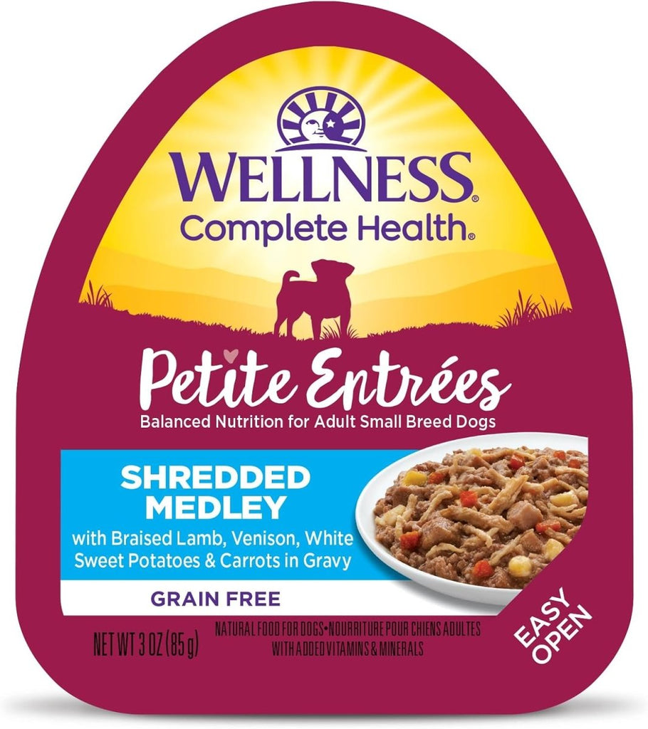 Wellness Wet Dog Food Cup Petite Entrées Shredded Medley with Braised Lamb, Venison, White Sweet Potatoes & Carrots in Gravy