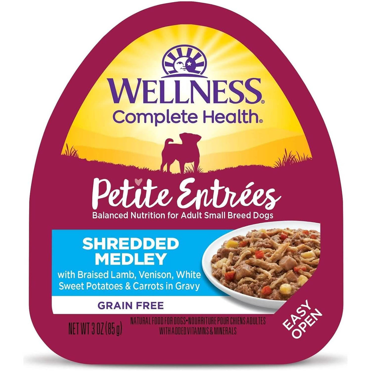 Wellness Wet Dog Food Cup Petite Entrées Shredded Medley with Braised Lamb, Venison, White Sweet Potatoes & Carrots in Gravy