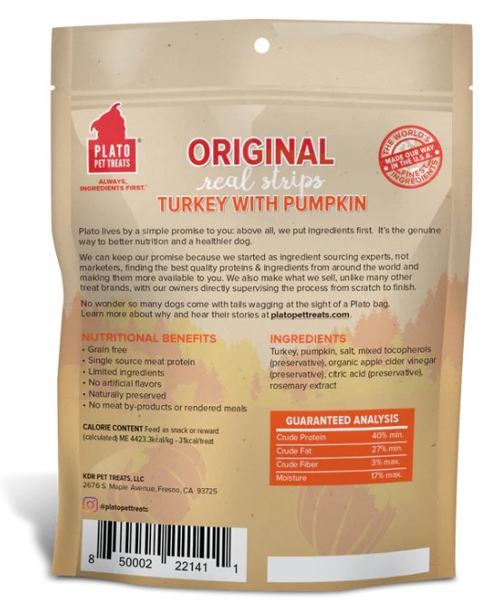 Plato Dog Treat Original Real Strips Turkey with Pumpkin