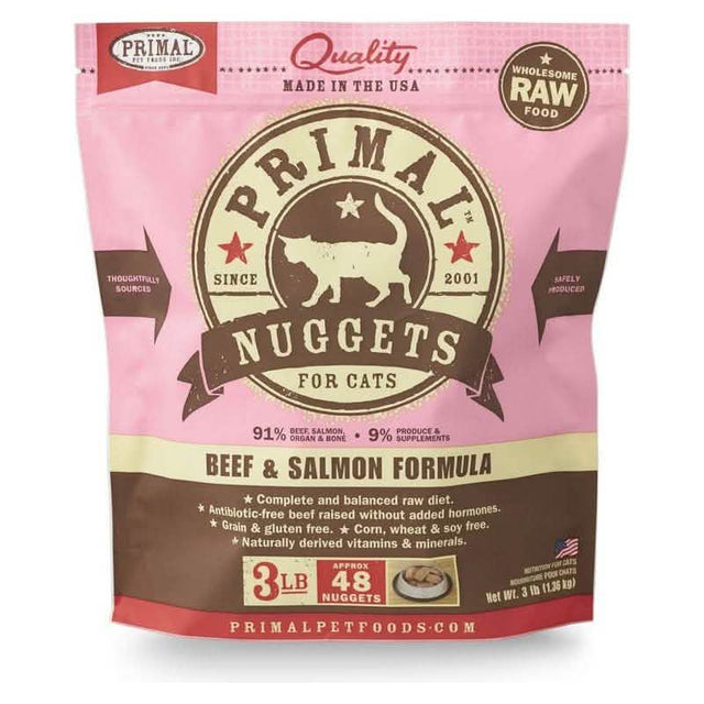 Primal Raw Frozen Cat Food Nuggets Beef & Salmon Formula