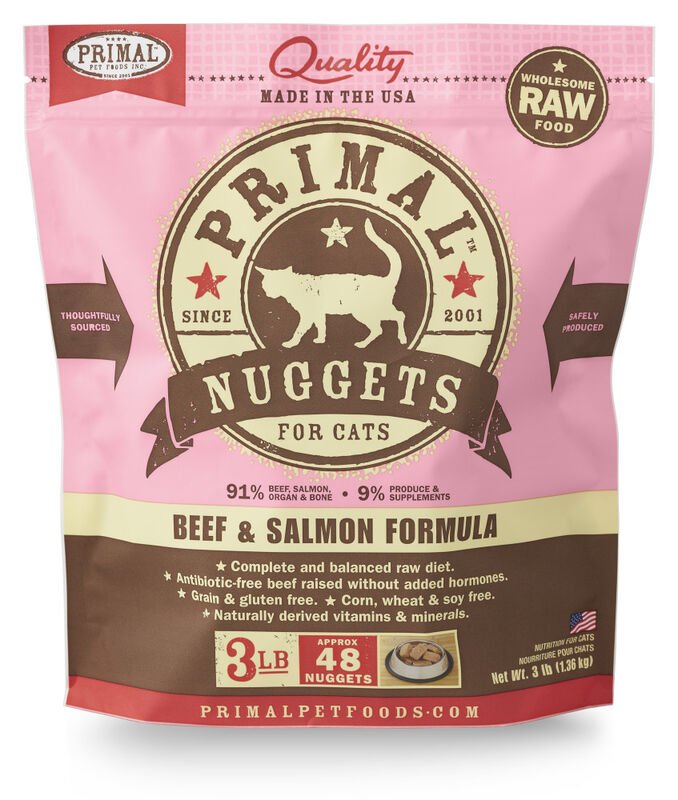 Primal Raw Frozen Cat Food Nuggets Beef & Salmon Formula