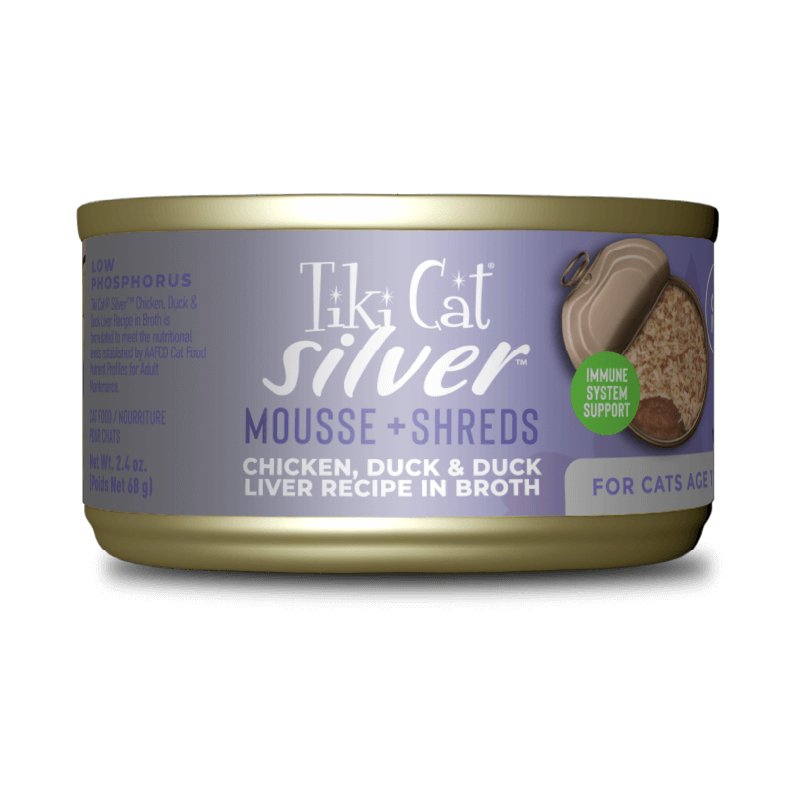 Tiki Cat Wet Cat Food Silver Mousse + Shreds Chicken, Duck & Duck Liver Recipe in Broth