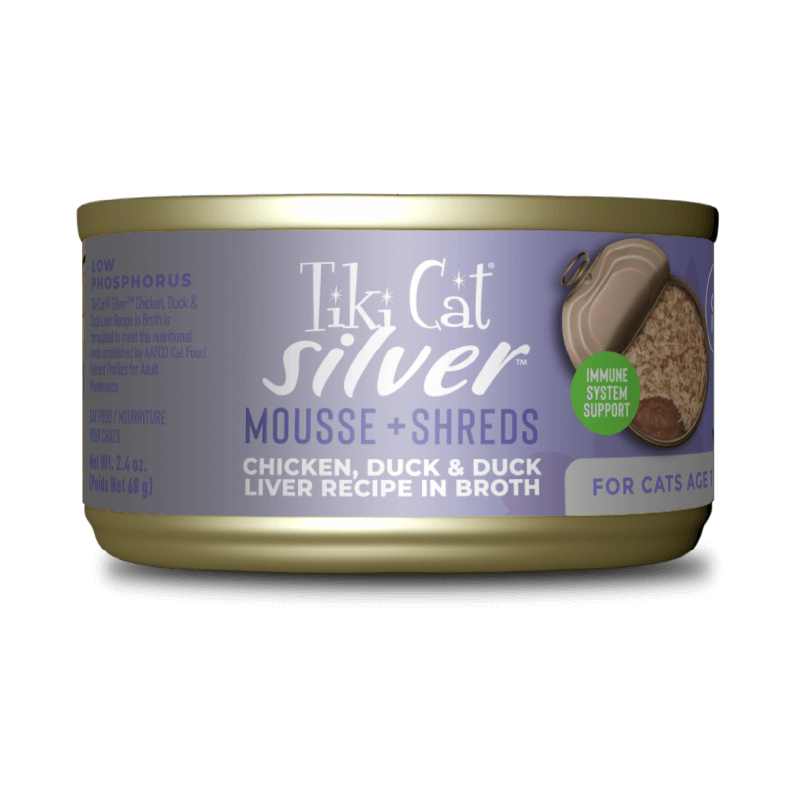 Tiki Cat Wet Cat Food Silver Mousse + Shreds Chicken, Duck & Duck Liver Recipe in Broth